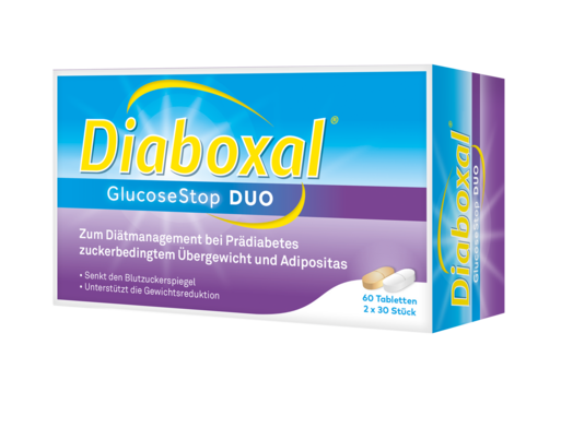Sie sehen eine Packung Diaboxal® GlucoseStop DUO, Produktbild: 01 Diaboxal® GlucoseStop DUO, A-Nr.: 4765900 - 01