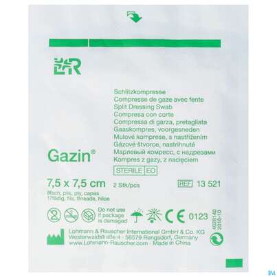 Schlitzkompressen Gazin 17faedig Steril 8fach 7,5x 7,5cm 2st, A-Nr.: 2575236 - 01