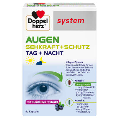 Sie sehen eine Packung Doppelherz system AUGEN SEHKRAFT + SCHUTZ - TAG + NACHT, Produktbild: 01 Doppelherz system AUGEN SEHKRAFT + SCHUTZ - TAG + NACHT, A-Nr.: 3448445 - 01