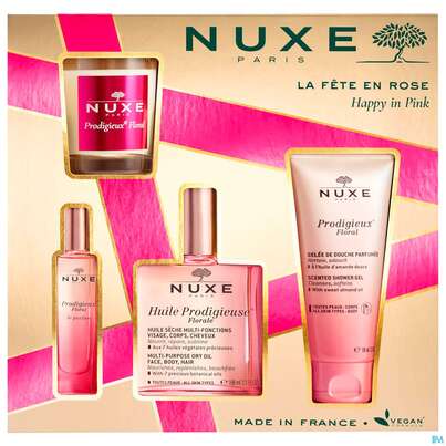 Sie sehen eine Packung Nuxe Xmas/2023/happy In Pink Hp Oel Fl100 +douche 100 Flüssig Parfum 15ml +kerze Flora 1st, Produktbild: 01 Nuxe Xmas/2023/happy In Pink Hp Oel Fl100 +douche 100 Flüssig Parfum 15ml +kerze Flora 1st, A-Nr.: 5808824 - 01