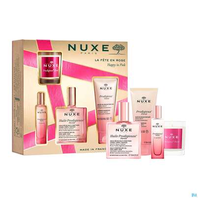 Sie sehen eine Packung Nuxe Xmas/2023/happy In Pink Hp Oel Fl100 +douche 100 Flüssig Parfum 15ml +kerze Flora 1st, Produktbild: 03 Nuxe Xmas/2023/happy In Pink Hp Oel Fl100 +douche 100 Flüssig Parfum 15ml +kerze Flora 1st, A-Nr.: 5808824 - 03