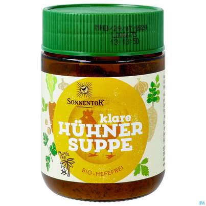 Sie sehen eine Packung Sonnentor Huehnersuppe Klar Bio Glas 01474 100g, Produktbild: 01 Sonnentor Huehnersuppe Klar Bio Glas 01474 100g, A-Nr.: 4389710 - 01