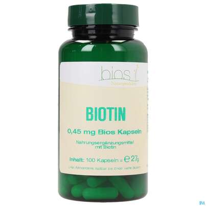 Sie sehen eine Packung Bios Biotin 0,45mg 100 Kapseln, Produktbild: 02 Bios Biotin 0,45mg 100 Kapseln, A-Nr.: 3890738 - 02