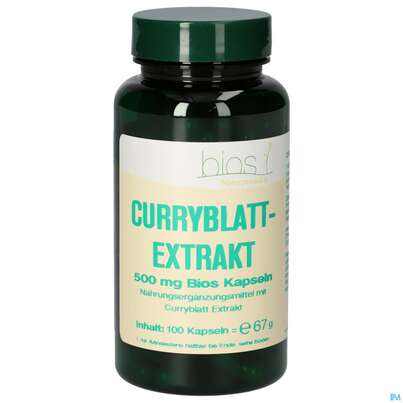 Sie sehen eine Packung Bios Curryblattextrakt 500mg 100 Kapseln, Produktbild: 02 Bios Curryblattextrakt 500mg 100 Kapseln, A-Nr.: 4334057 - 02