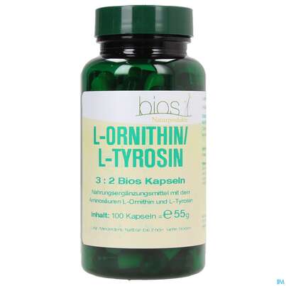 Sie sehen eine Packung Bios l-ornithin/l-tyrosin 4:3:4 100 Kapseln, Produktbild: 02 Bios l-ornithin/l-tyrosin 4:3:4 100 Kapseln, A-Nr.: 3892223 - 02