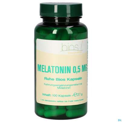 Sie sehen eine Packung Bios Melatonin Ruhe 0,5mg 100 Kapseln, Produktbild: 02 Bios Melatonin Ruhe 0,5mg 100 Kapseln, A-Nr.: 4246985 - 02