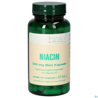 Sie sehen eine Packung Bios Niacin 500mg 100 Kapseln, Produktbild: 01 Bios Niacin 500mg 100 Kapseln, A-Nr.: 4747291 - 01
