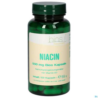 Sie sehen eine Packung Bios Niacin 500mg 100 Kapseln, Produktbild: 02 Bios Niacin 500mg 100 Kapseln, A-Nr.: 4747291 - 02
