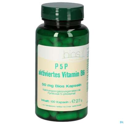 Sie sehen eine Packung Bios P5p Aktiviertes Vitamin B6 50mg 100 Kapseln, Produktbild: 01 Bios P5p Aktiviertes Vitamin B6 50mg 100 Kapseln, A-Nr.: 5408154 - 01