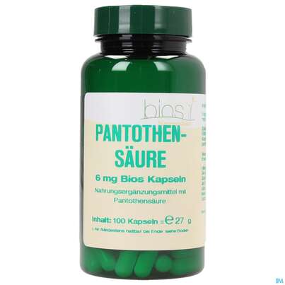 Sie sehen eine Packung Bios Pantothensäure 6mg 100 Kapseln, Produktbild: 01 Bios Pantothensäure 6mg 100 Kapseln, A-Nr.: 3892654 - 01