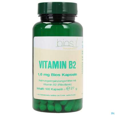 Sie sehen eine Packung Bios Vitamin B2 1,6mg 100 Kapseln, Produktbild: 01 Bios Vitamin B2 1,6mg 100 Kapseln, A-Nr.: 3893435 - 01