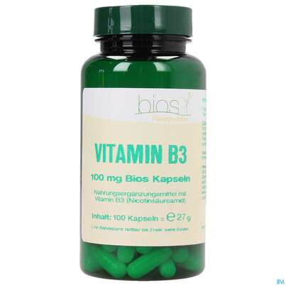 Sie sehen eine Packung Bios Vitamin B3 100mg 100 Kapseln, Produktbild: 01 Bios Vitamin B3 100mg 100 Kapseln, A-Nr.: 4089066 - 01