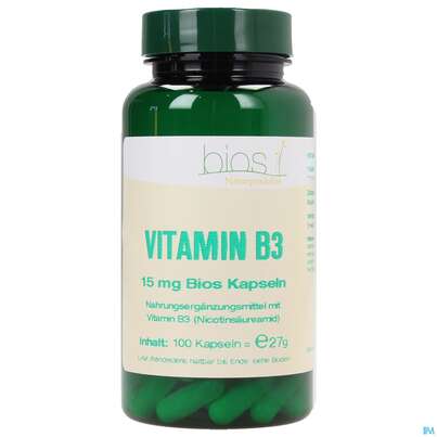 Sie sehen eine Packung Bios Vitamin B3 15mg 100 Kapseln, Produktbild: 01 Bios Vitamin B3 15mg 100 Kapseln, A-Nr.: 4246867 - 01