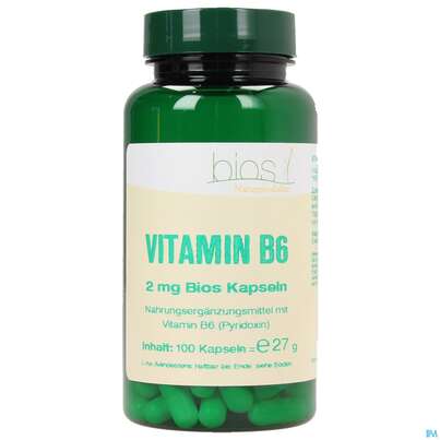 Sie sehen eine Packung Bios Vitamin B6 2mg 100 Kapseln, Produktbild: 01 Bios Vitamin B6 2mg 100 Kapseln, A-Nr.: 3893458 - 01