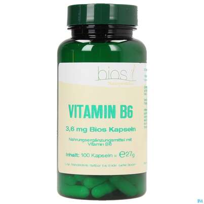 Sie sehen eine Packung Bios Vitamin B6 3,6mg 100 Kapseln, Produktbild: 01 Bios Vitamin B6 3,6mg 100 Kapseln, A-Nr.: 3893441 - 01