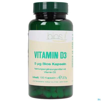 Sie sehen eine Packung Bios Vitamin D3 5 µg 100 Kapseln, Produktbild: 01 Bios Vitamin D3 5 µg 100 Kapseln, A-Nr.: 3893553 - 01
