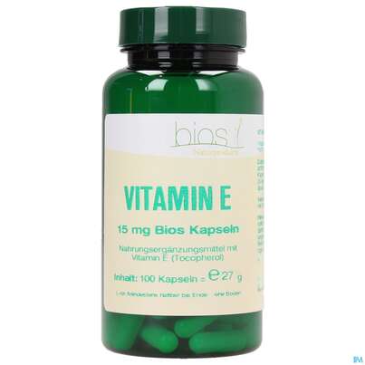 Sie sehen eine Packung Bios Vitamin E 15mg 100 Kapseln, Produktbild: 02 Bios Vitamin E 15mg 100 Kapseln, A-Nr.: 3893576 - 02