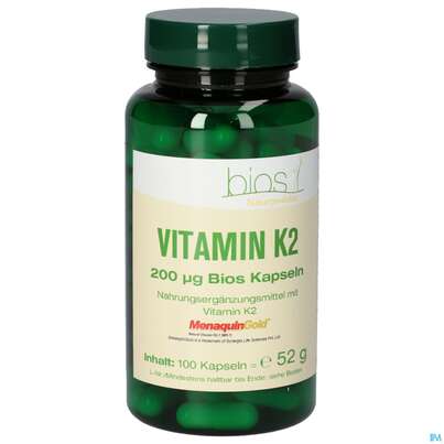 Sie sehen eine Packung Bios Vitamin K2 200mcg 100 Kapseln, Produktbild: 01 Bios Vitamin K2 200mcg 100 Kapseln, A-Nr.: 5303024 - 01