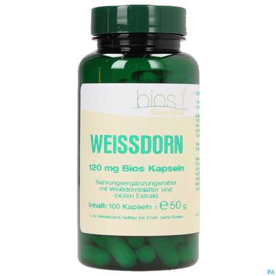 Sie sehen eine Packung Bios Weißdorn 120mg 100 Kapseln, Produktbild: 01 Bios Weißdorn 120mg 100 Kapseln, A-Nr.: 4078789 - 01