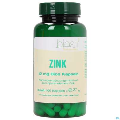 Sie sehen eine Packung Bios Zink 12mg 100 Kapseln, Produktbild: 01 Bios Zink 12mg 100 Kapseln, A-Nr.: 3893694 - 01