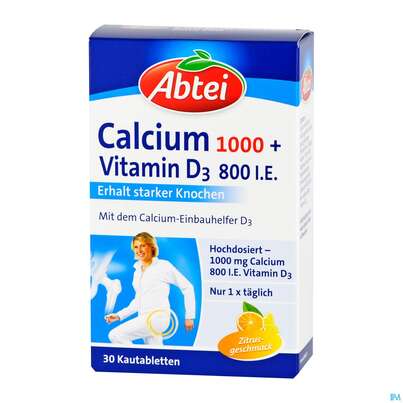 Sie sehen eine Packung Calcium 1000 Osteo Vital Kautabl Abtei 30st, Produktbild: 01 Calcium 1000 Osteo Vital Kautabl Abtei 30st, A-Nr.: 4333626 - 01