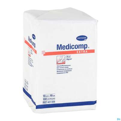 Sie sehen eine Packung Kompressen Medicomp/extra Vliesstoff 6fach Unsteril 10x 10cm 100st, Produktbild: 05 Kompressen Medicomp/extra Vliesstoff 6fach Unsteril 10x 10cm 100st, A-Nr.: 1652101 - 05