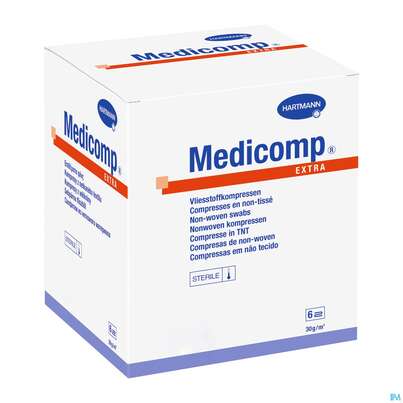 Sie sehen eine Packung Kompressen Medicomp/extra Vliesstoff 6fach Unsteril 5x 5cm 100st, Produktbild: 04 Kompressen Medicomp/extra Vliesstoff 6fach Unsteril 5x 5cm 100st, A-Nr.: 1652087 - 04