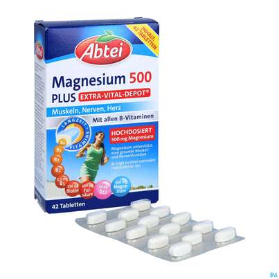 Sie sehen eine Packung Magnesium Tabl 500 Plus Abtei Titandioxidfrei 50000 42st, Produktbild: 06 Magnesium Tabl 500 Plus Abtei Titandioxidfrei 50000 42st, A-Nr.: 5720302 - 06