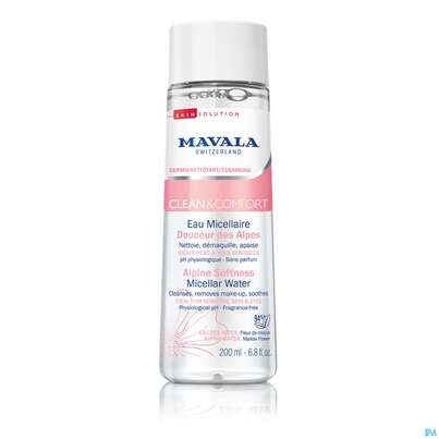 Sie sehen eine Packung Mavala Clean +comf Alpen Mizellenwasser 525.0 200ml, Produktbild: 01 Mavala Clean +comf Alpen Mizellenwasser 525.0 200ml, A-Nr.: 4910791 - 01