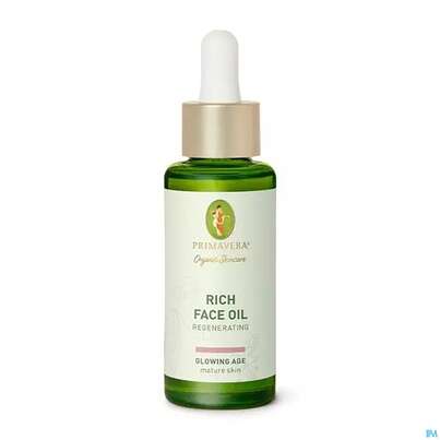 Sie sehen eine Packung Primavera Glowing Age Rich Face Oil Regenerating 30ml, Produktbild: 01 Primavera Glowing Age Rich Face Oil Regenerating 30ml, A-Nr.: 5660422 - 01