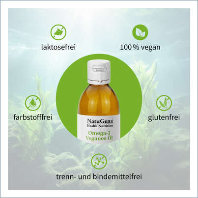 Sie sehen eine Packung NatuGena Omega-3 Veganes Öl, Produktbild: 05 NatuGena Omega-3 Veganes Öl, A-Nr.: 5847379 - 05