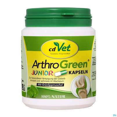 Sie sehen eine Packung Veterinaerprodukte Arthrogreen Junior Kapseln 100st, Produktbild: 01 Veterinaerprodukte Arthrogreen Junior Kapseln 100st, A-Nr.: 4515652 - 01