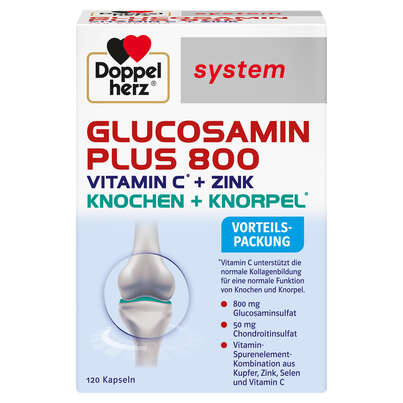 Sie sehen eine Packung Doppelherz system GLUCOSAMIN PLUS 800 VITAMIN C + ZINK, Produktbild: 01 Doppelherz system GLUCOSAMIN PLUS 800 VITAMIN C + ZINK, A-Nr.: 5678853 - 01