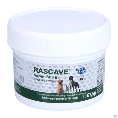 Sie sehen eine Packung Veterinaerprodukte Rascave Hepar Mite Kautabl Erwachsener Hund 90st, Produktbild: 01 Veterinaerprodukte Rascave Hepar Mite Kautabl Erwachsener Hund 90st, A-Nr.: 5587464 - 01