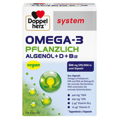 Sie sehen eine Packung Doppelherz system OMEGA-3 PFLANZLICH Herzfunktion + Immunsystem, Produktbild: 01 Doppelherz system OMEGA-3 PFLANZLICH Herzfunktion + Immunsystem, A-Nr.: 5677061 - 01