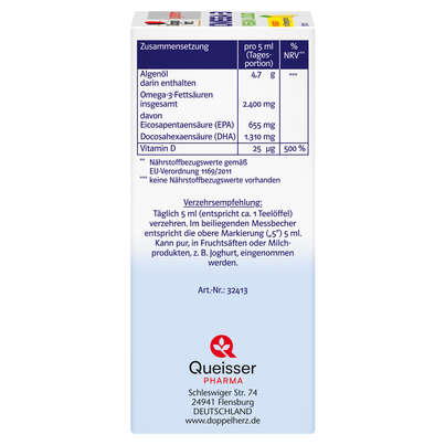 Sie sehen eine Packung Doppelherz system OMEGA-3 VEGAN LIQUID Herzfunktion + Immunsystem, Produktbild: 02 Doppelherz system OMEGA-3 VEGAN LIQUID Herzfunktion + Immunsystem, A-Nr.: 5677581 - 02