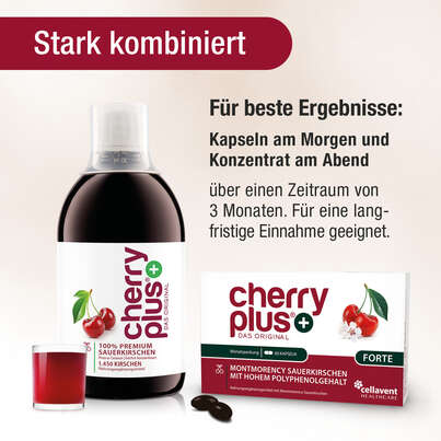 Montmorency Sauerkirschsaft + Sauerkirsch-Extrakt in einer Kapsel | Cherry PLUS Forte, A-Nr.: 5940067 - 04