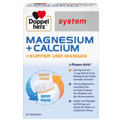 Sie sehen eine Packung Doppelherz system MAGNESIUM + CALCIUM DEPOT 2-Phasen-Effekt, Produktbild: 01 Doppelherz system MAGNESIUM + CALCIUM DEPOT 2-Phasen-Effekt, A-Nr.: 5678155 - 01