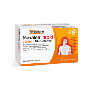 Sie sehen eine Packung Mexalen® rapid 500 mg Filmtabletten, Produktbild: 01 Mexalen® rapid 500 mg Filmtabletten, A-Nr.: 6052601 - 01
