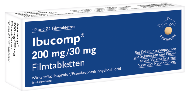 Sie sehen eine Packung Ibucomp® lindert Erkältungssymptome, Produktbild: 01 Ibucomp® lindert Erkältungssymptome, A-Nr.: 5529320 - 01