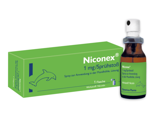 Sie sehen eine Packung Niconex® Spray lindert Rauchverlangen und Entzugserscheinungen, Produktbild: 01 Niconex® Spray lindert Rauchverlangen und Entzugserscheinungen, A-Nr.: 4972591 - 01