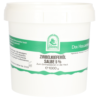 Sie sehen eine Packung ZIRBELKIEFEROEL SALBE 5% 1000 G, Produktbild: 01 ZIRBELKIEFEROEL SALBE 5% 1000 G, A-Nr.: 5802916 - 01