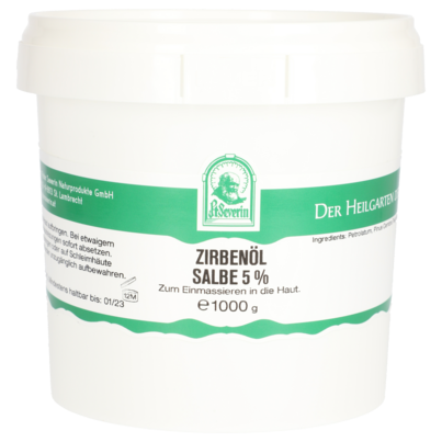 Sie sehen eine Packung ZIRBENOEL SALBE 5% 1000 G, Produktbild: 01 ZIRBENOEL SALBE 5% 1000 G, A-Nr.: 5802939 - 01