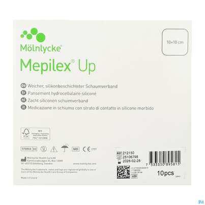 Sie sehen eine Packung Schaumverband Mepilex/silikon Up 10x10cm 10st, Produktbild: 03 Schaumverband Mepilex/silikon Up 10x10cm 10st, A-Nr.: 5900122 - 03