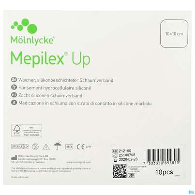 Sie sehen eine Packung Schaumverband Mepilex/silikon Up 10x10cm 10st, Produktbild: 04 Schaumverband Mepilex/silikon Up 10x10cm 10st, A-Nr.: 5900122 - 04