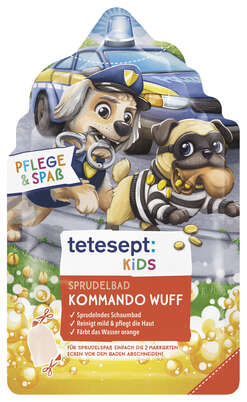 Sie sehen eine Packung tetesept Kids Sprudelbad Kommando Wuff 40G, Produktbild: 01 tetesept Kids Sprudelbad Kommando Wuff 40G, A-Nr.: 6007049 - 01