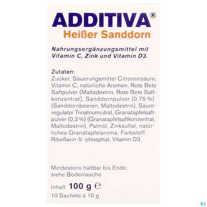 Sie sehen eine Packung Additiva Pulver Heisser Sanddorn Granatapfel 10st, Produktbild: 08 Additiva Pulver Heisser Sanddorn Granatapfel 10st, A-Nr.: 5810146 - 08