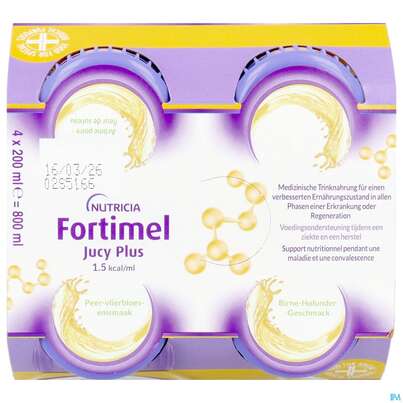 Sie sehen eine Packung Fortimel/jucy Plus Fluessig 200ml Birne Holunder 4st, Produktbild: 07 Fortimel/jucy Plus Fluessig 200ml Birne Holunder 4st, A-Nr.: 5808528 - 07