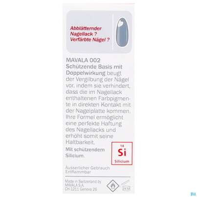 Sie sehen eine Packung Mavala 002 Doppel-aktion M.silic Base Unterlack +silicium 10ml, Produktbild: 06 Mavala 002 Doppel-aktion M.silic Base Unterlack +silicium 10ml, A-Nr.: 2976633 - 06