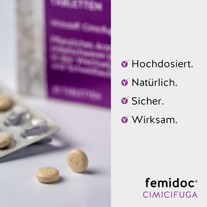 Sie sehen eine Packung femidoc CIMICIFUGA 13 mg Filmtabletten, Produktbild: 06 femidoc CIMICIFUGA 13 mg Filmtabletten, A-Nr.: 5533787 - 06